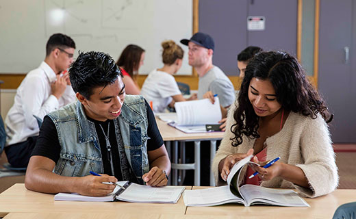 Two students looking through text books during class
