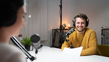 Student on a podcast