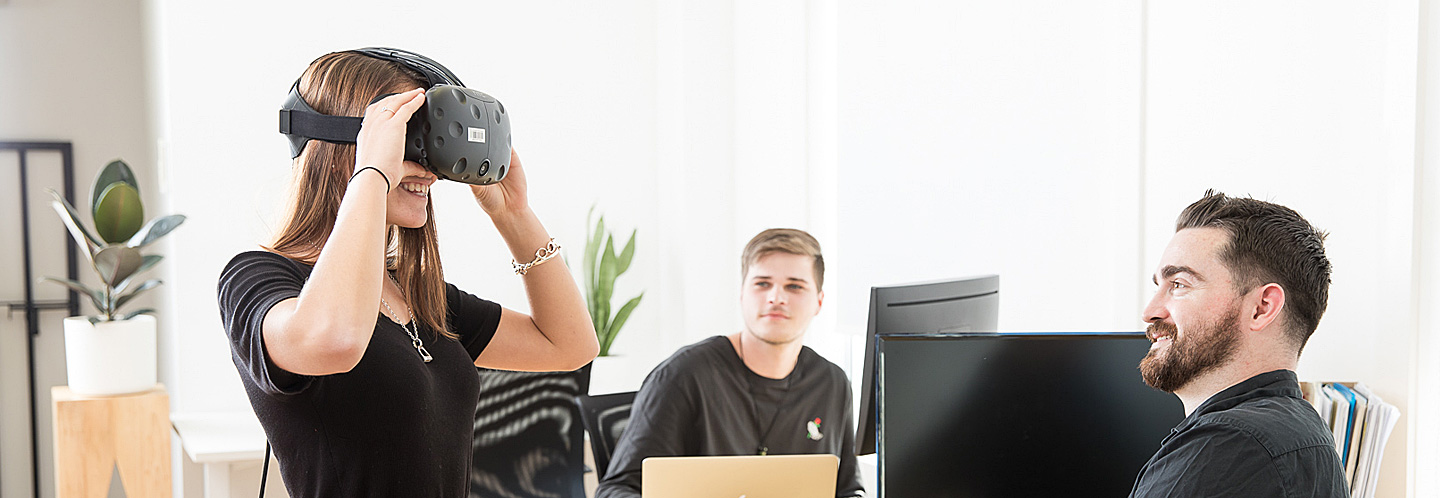Student wearing a virtual reality headset