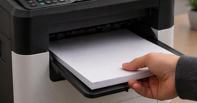 Person pulling out paper of a printer
