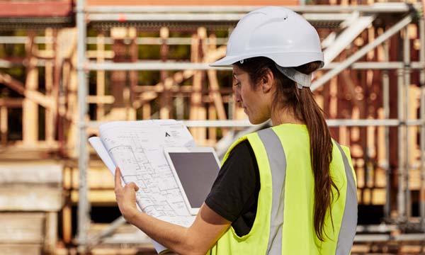 Carpentry student looking over building plans