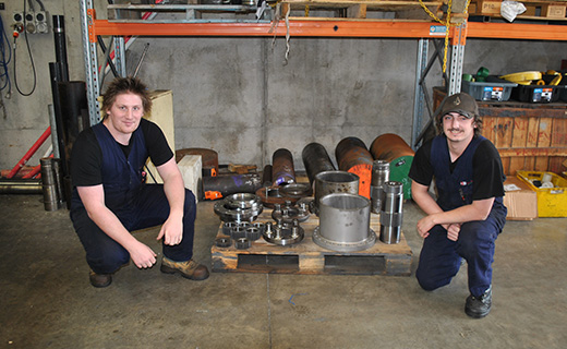 Apprentices Asher Lane and Joel Edmonds in the Bay of Plenty Gear Cutters workshop in Tauranga